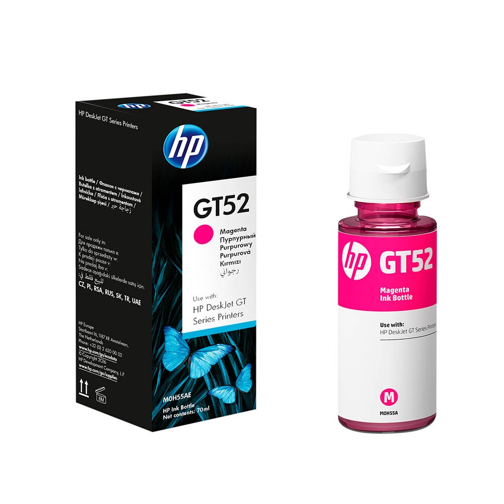 Imprime lo que necesites. 
 Tecnología que se adapta contigo. 
 
 Botella de Tinta Magenta HP GT52 Original 
 
 Compatibilidad: 
 HP DeskJet GT 5800 series 
 HP Ink Tank 100, 300, 400 series 
 HP Smart Tank 500, 600, 700 series 
 
 Rendimiento: 
 Hasta 8000 páginas