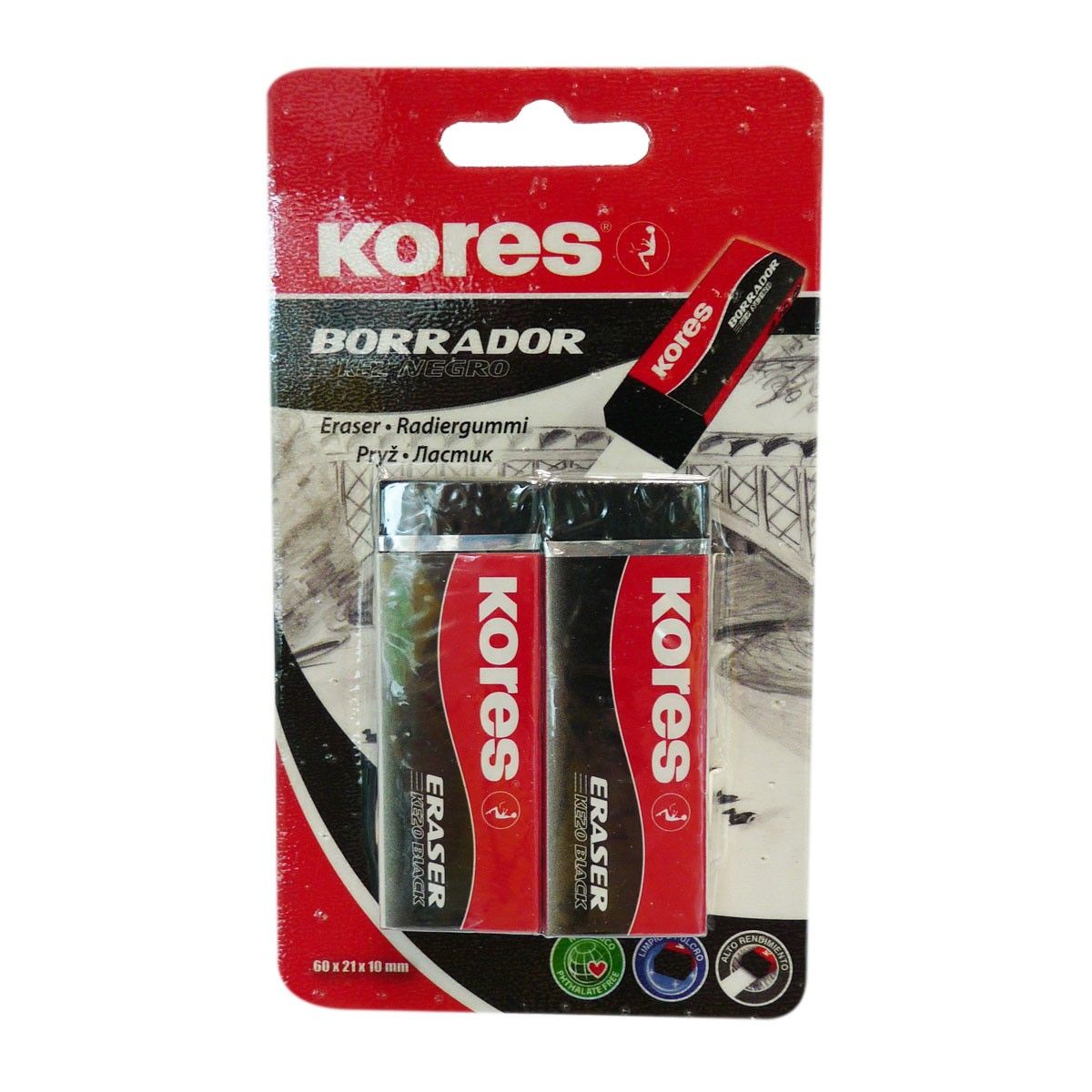 Borrador Kores Negro 60x21x10mm x2 Und