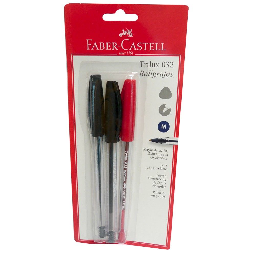 Esfero Faber Castell Trilux 032 / 2 Negros + 1Rojo x3 und