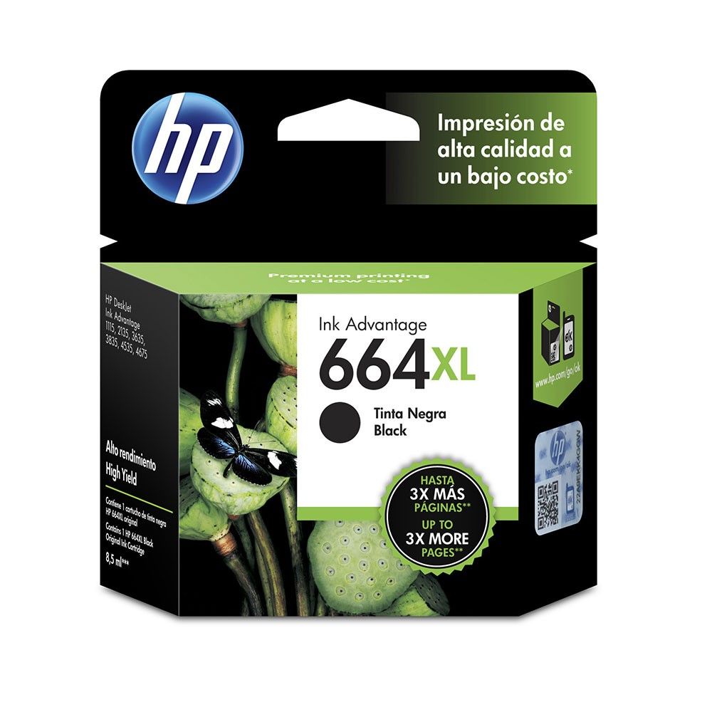 Cartucho de Tinta HP 664XL Negra Original (F6V31AL)