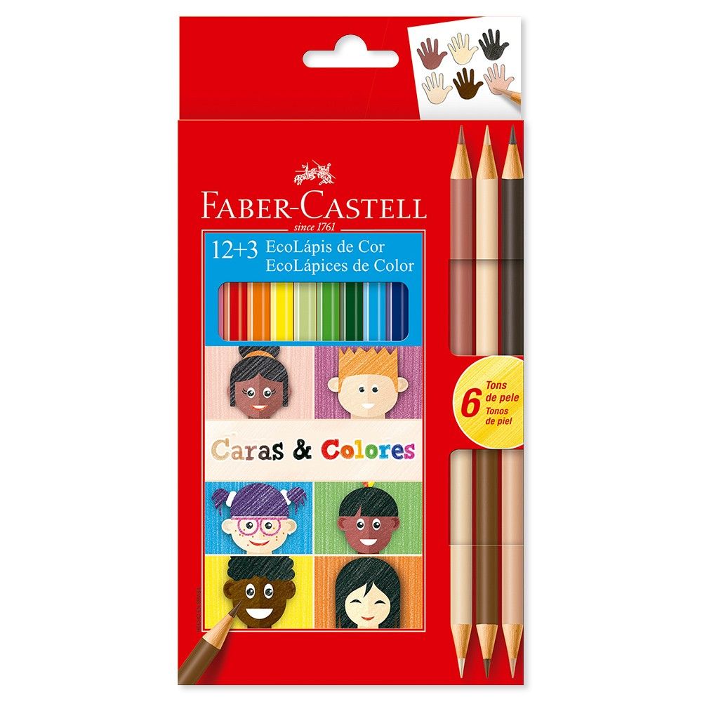 Colores &amp; Caras Faber Castell Ecológicos x 12 básicos + 3 bicolor