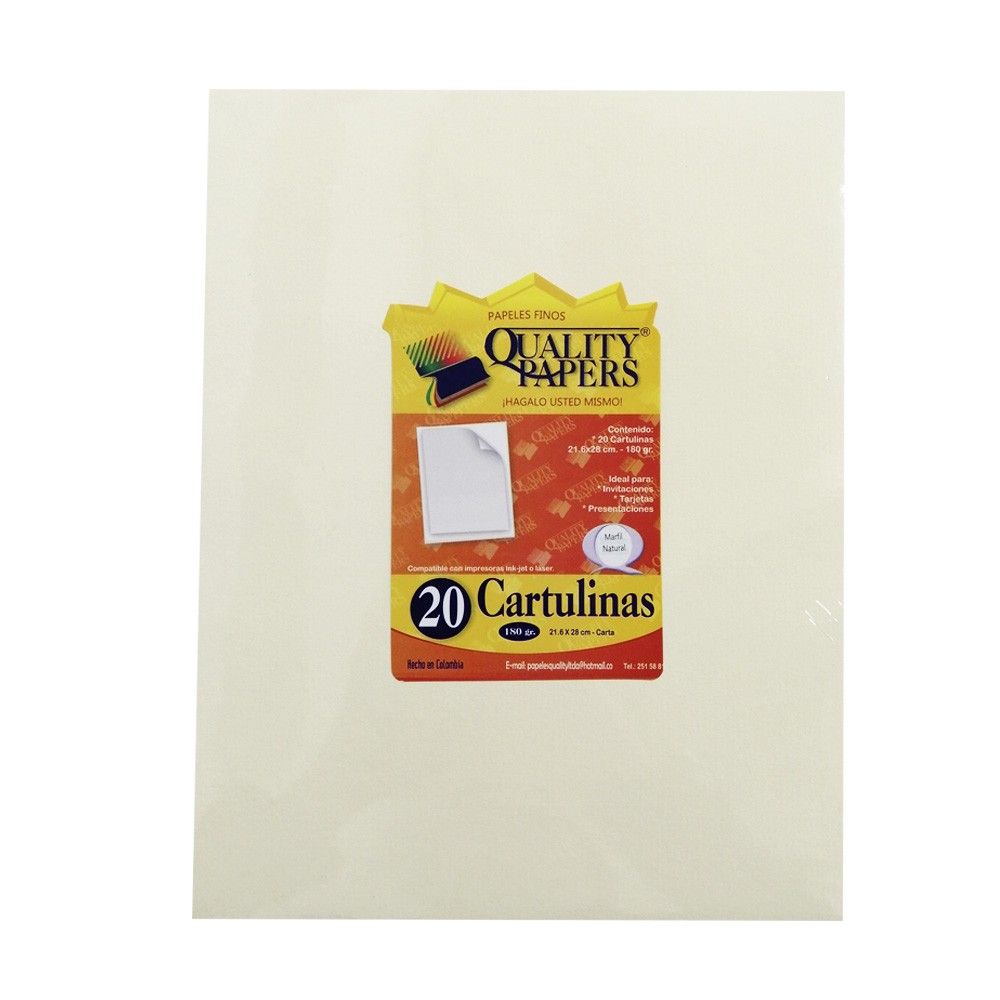 Paquete Cartulina Quality Papers Tamaño Carta Marfil Natural 180gr x20und