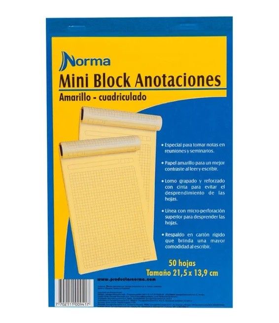 Mini Block Norma Anotaciones Amarillo Cuadriculado Tamaño 1/2 Carta x50 hjs