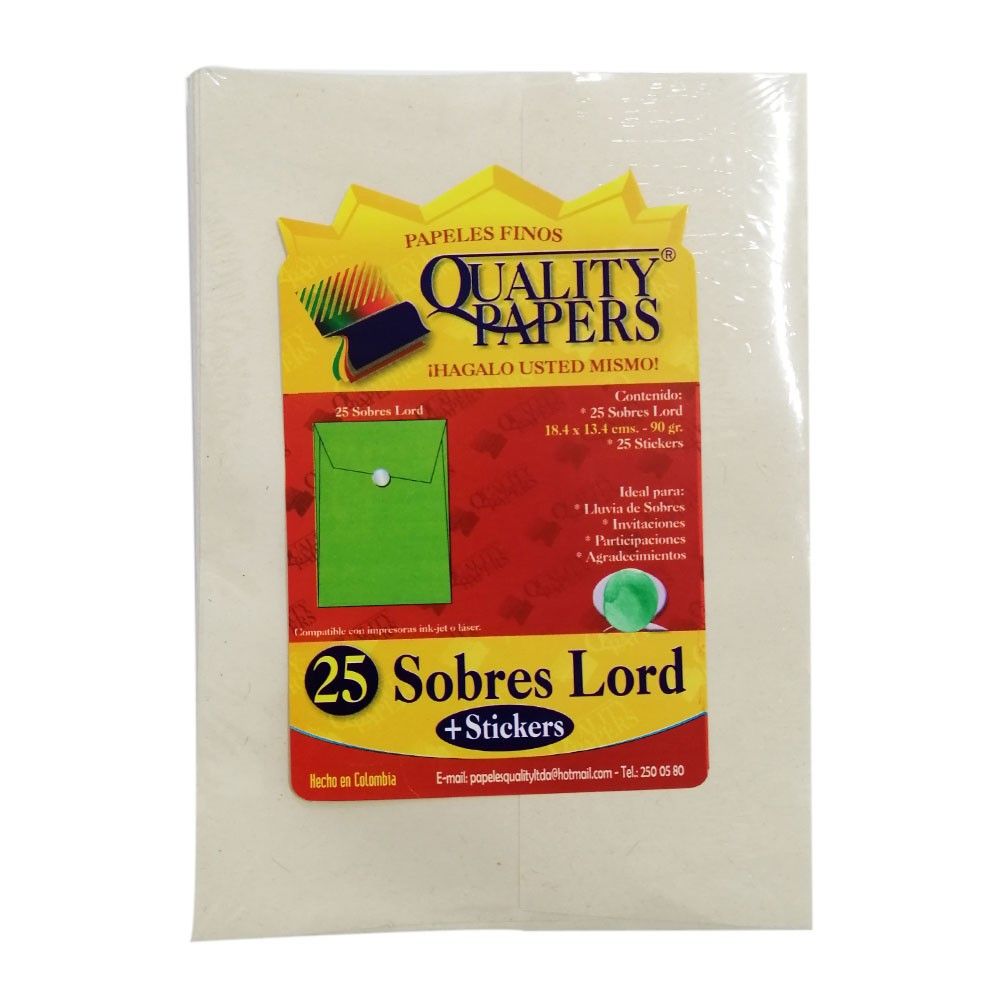 Sobre Quality Papers Lord Ecológico + Stickers 90gr x25und