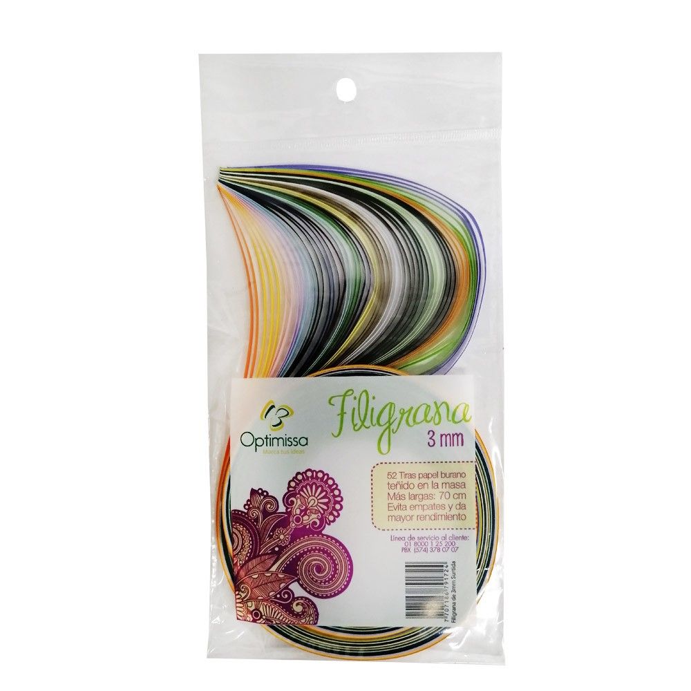 Papel Filigrana Optimissa 3mm X 70cm Colores Surtidos x52und