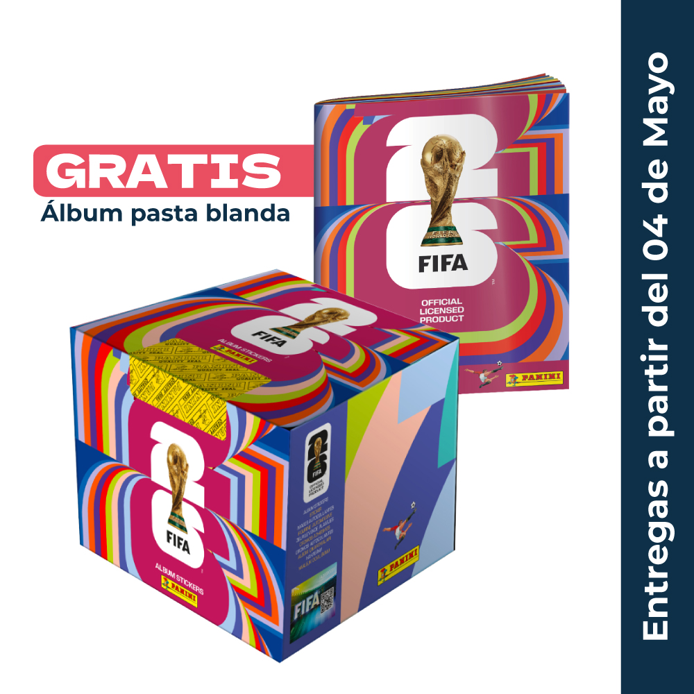 Compra la caja oficial Panini del Mundial 2026 con 104 sobres y recibe de obsequio el álbum pasta blanda. Stock limitado, asegura el tuyo en preventa.