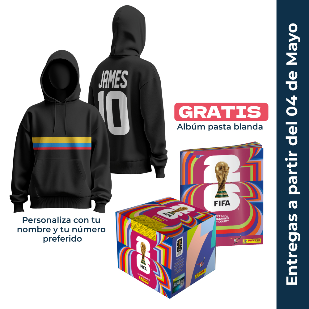 Caja Panini Mundial 2026 con 104 sobres y álbum gratis, más buso personalizado con tu nombre y número de tu preferencia. El combo perfecto para vivir el Mundial.
