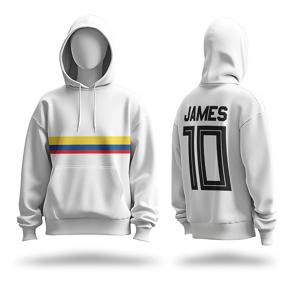 Buzo hoodie blanco con franjas tricolor personalizado con tu nombre y número en la espalda. Ideal para fanáticos de la Selección Colombia. ¡Pídelo ya!