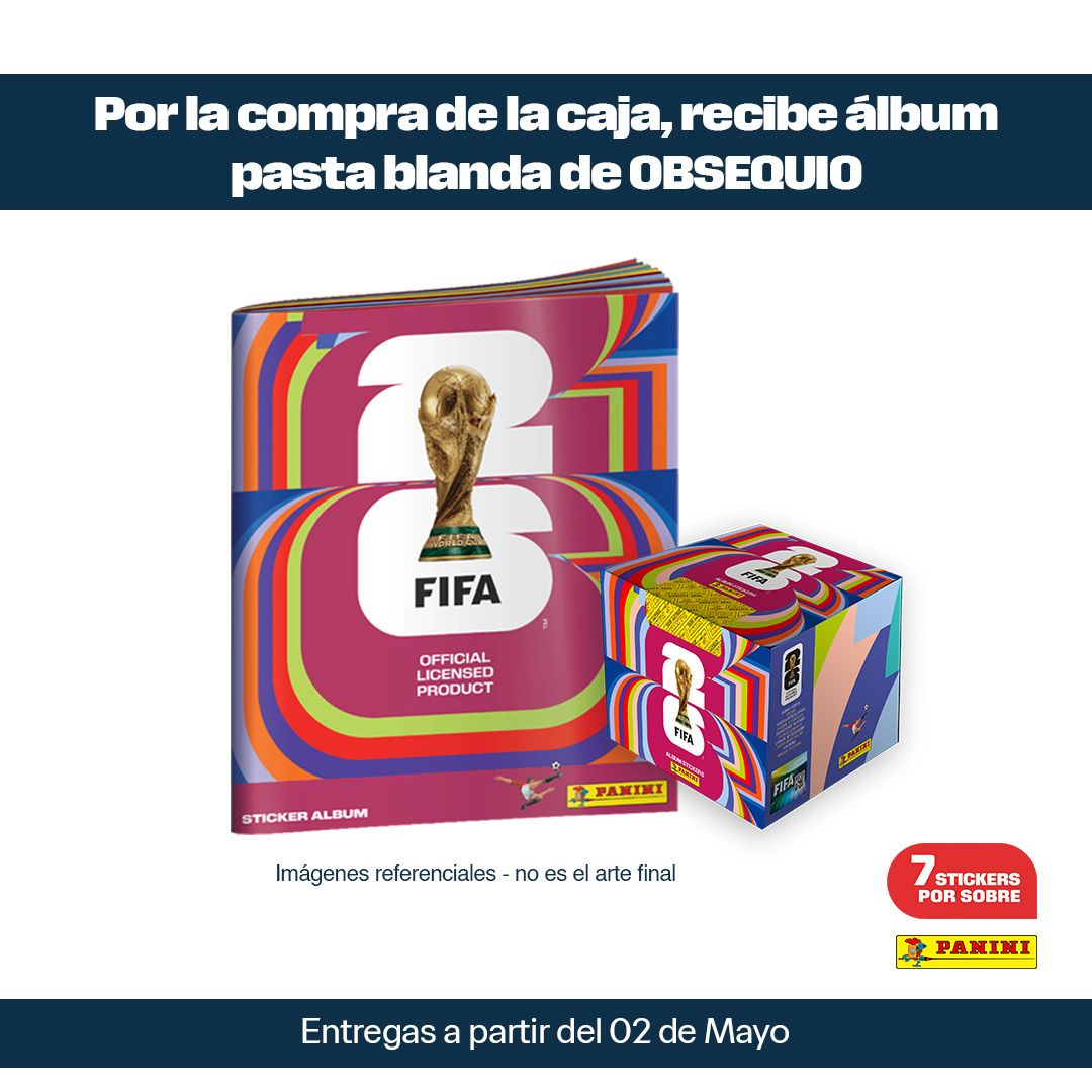 Compra la caja oficial Panini del Mundial 2026 con 104 sobres y recibe de obsequio el álbum pasta blanda. Stock limitado, asegura el tuyo en preventa.