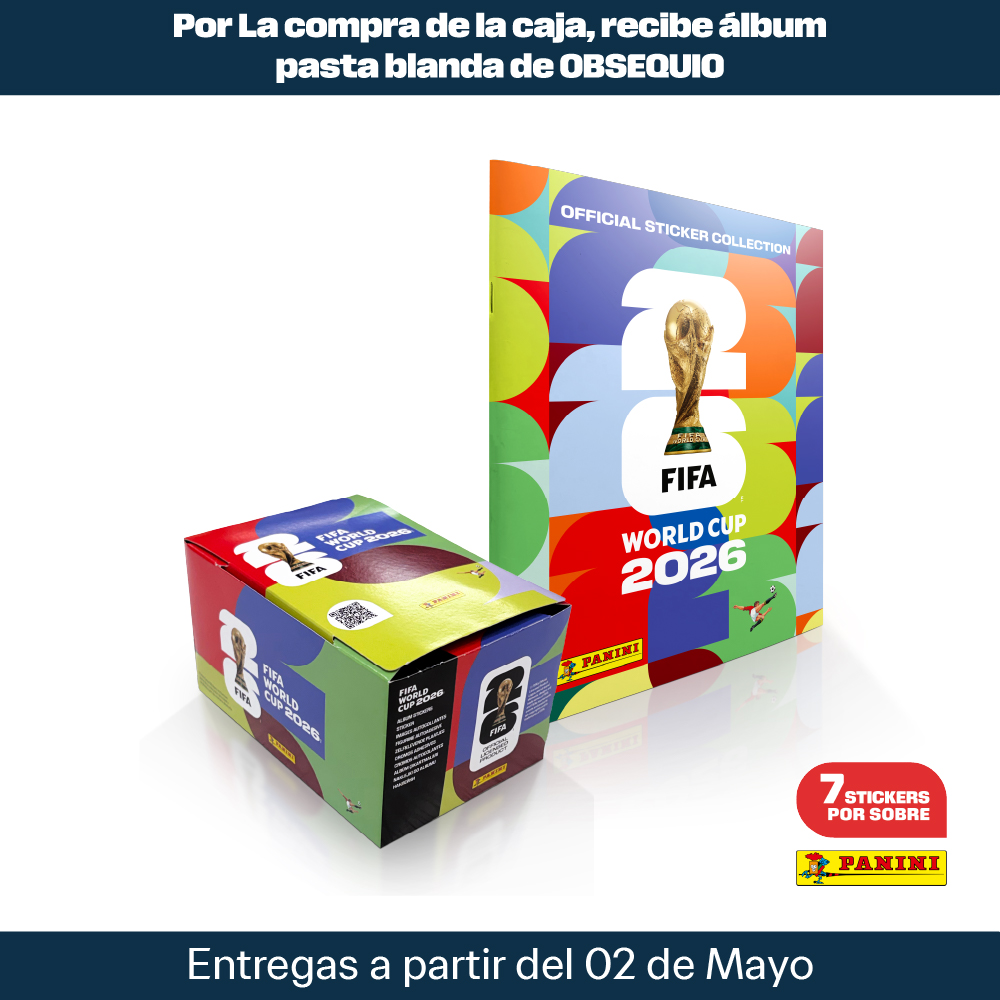 Compra la caja oficial Panini del Mundial 2026 con 104 sobres y recibe de obsequio el álbum pasta blanda. Stock limitado, asegura el tuyo en preventa.