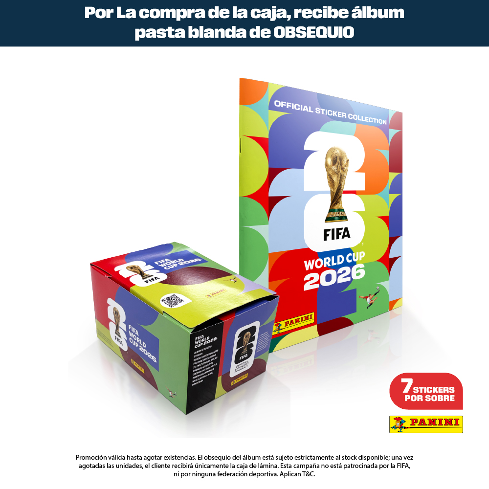 Compra la caja oficial Panini del Mundial 2026 con 104 sobres y recibe de obsequio el álbum pasta blanda. Stock limitado, asegura el tuyo.