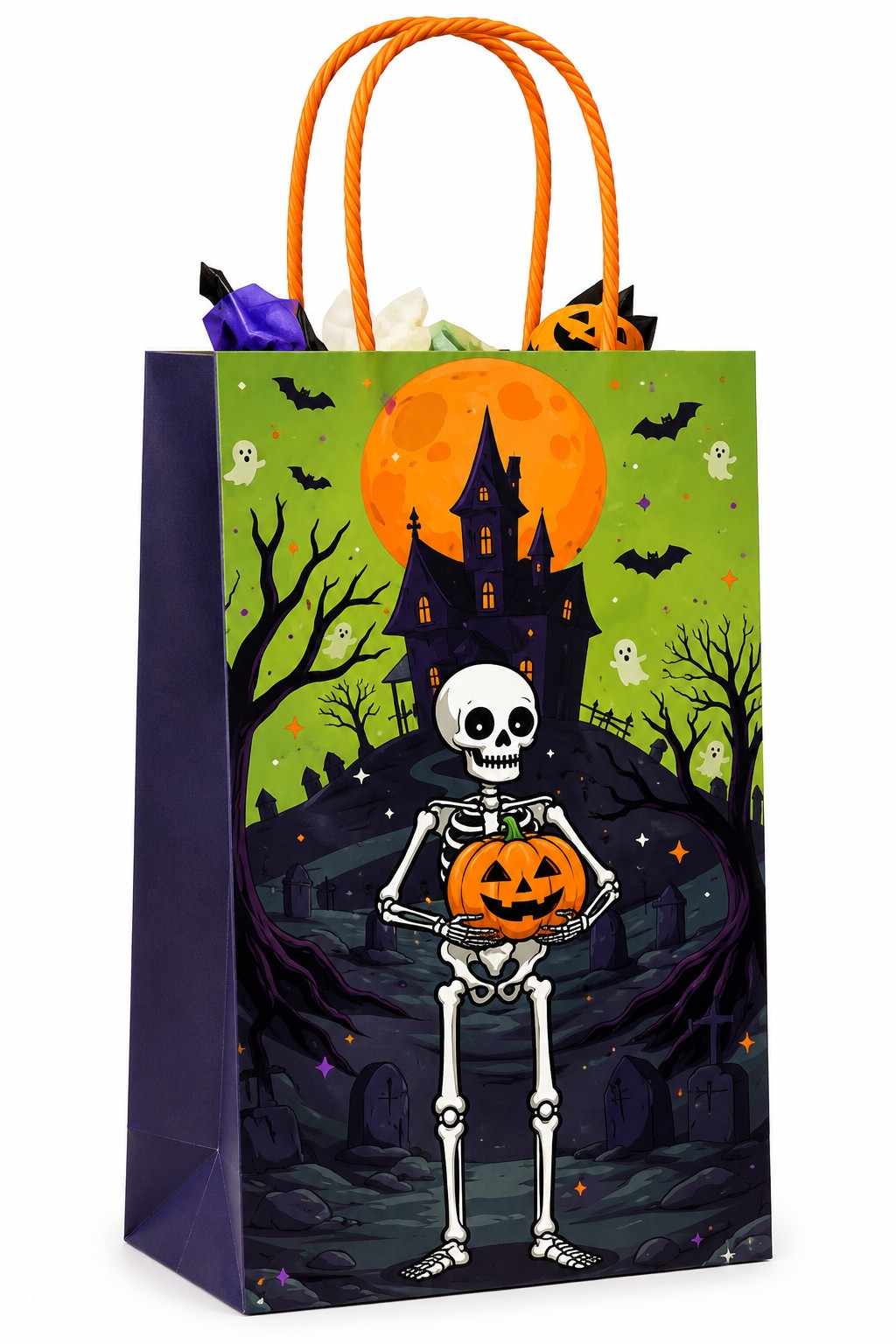 Bolsa de regalo mediana en tonos verde y morado con un divertido esqueleto que sostiene una calabaza frente a un castillo embrujado, con fantasmas y murciélagos. Llamativa y colorida, ideal para los más pequeños. Tamaño mediano, ideal para dulces, sorpresas y regalos pequeños. Manijas de cordón naranja para cargarla fácilmente. Diseño de esqueleto con calabaza, castillo embrujado y murciélagos. Marca Nico. Hace juego con los platos, vasos y servilletas de esqueleto de Halloween para decorar toda la fiesta con la misma línea. Entrega en Bogotá de 8 a 12 horas hábiles.