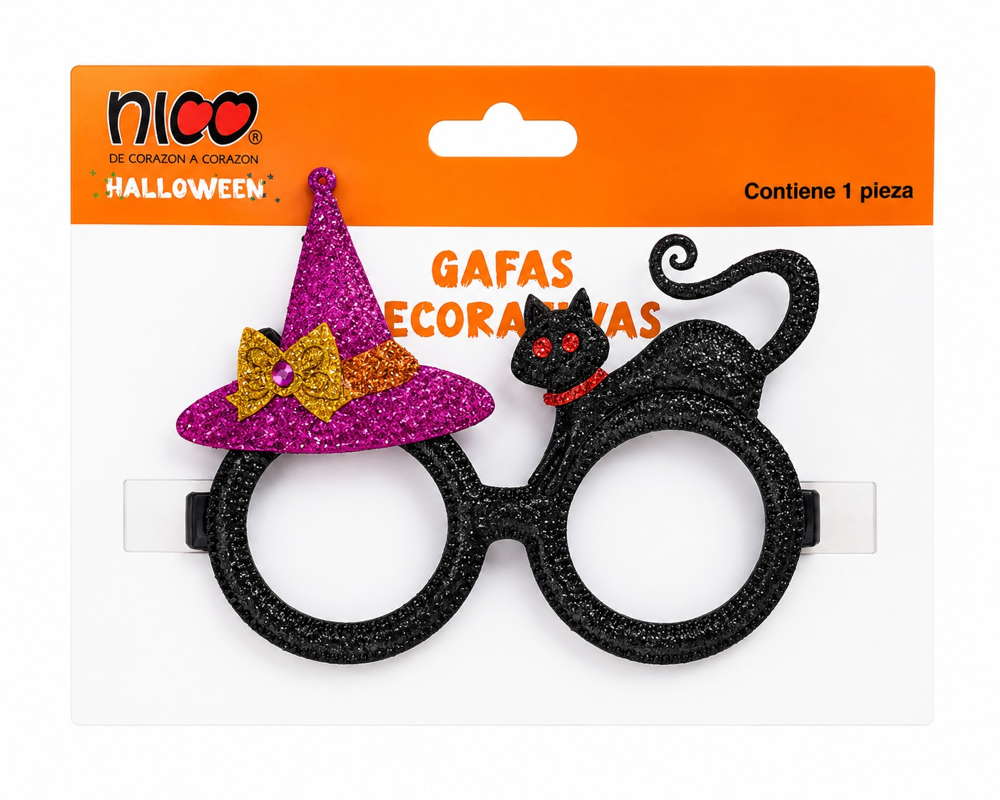 Completa tu disfraz con estas gafas decorativas de Halloween con marco negro brillante y detalles temáticos sobre el marco: sombrero de bruja con gato negro o murciélago con calavera. Divertidas para fotos, fiestas y concursos de disfraces. Gafas decorativas de fantasía (sin lentes). Acabado con brillantina. Diseños surtidos: bruja con gato o murciélago con calavera; el modelo se envía según disponibilidad. Contiene 1 pieza. Marca Nico. El accesorio perfecto para niños y adultos en la noche de Halloween. Entrega en Bogotá de 8 a 12 horas hábiles.
