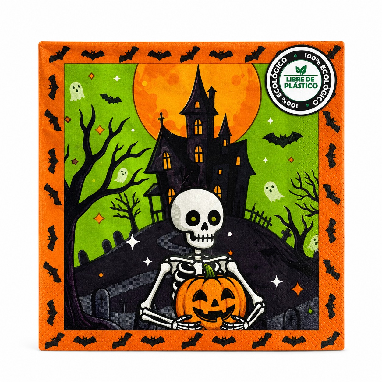Servilletas de papel con ilustración de esqueleto con calabaza, castillo embrujado, fantasmas y murciélagos, con borde naranja. Coloridas y divertidas para la mesa de tu fiesta. Diseño de castillo embrujado y esqueleto en tonos verde y naranja. Producto con sello "Libre de plástico". Marca Nico. Hacen juego con los vasos, platos y bolsas de esqueleto de Halloween. Entrega en Bogotá de 8 a 12 horas hábiles.