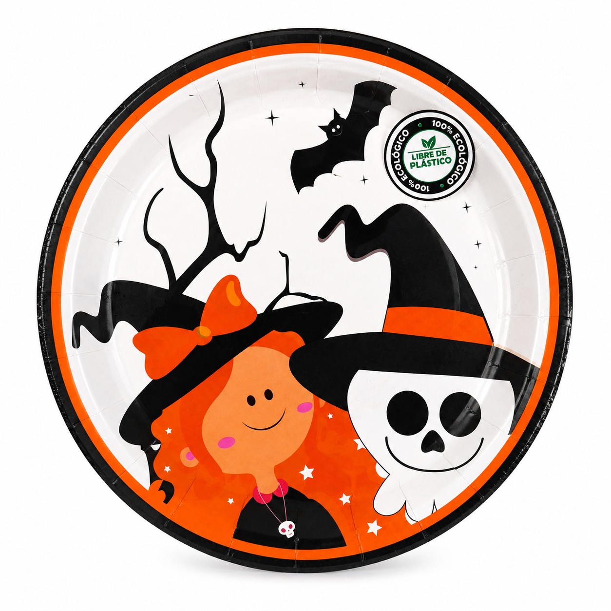 Platos desechables de 9 pulgadas con diseño de bruja pelirroja, calavera con sombrero, ramas y murciélagos, con un borde naranja que le da color a la mesa de tu fiesta. Paquete x8 platos. Tamaño 9 pulgadas, ideal para torta, pasabocas y comida. Producto con sello "Libre de plástico". Marca Nico. Combínalo con los vasos y las servilletas de Halloween para una mesa completa y práctica. Entrega en Bogotá de 8 a 12 horas hábiles.
