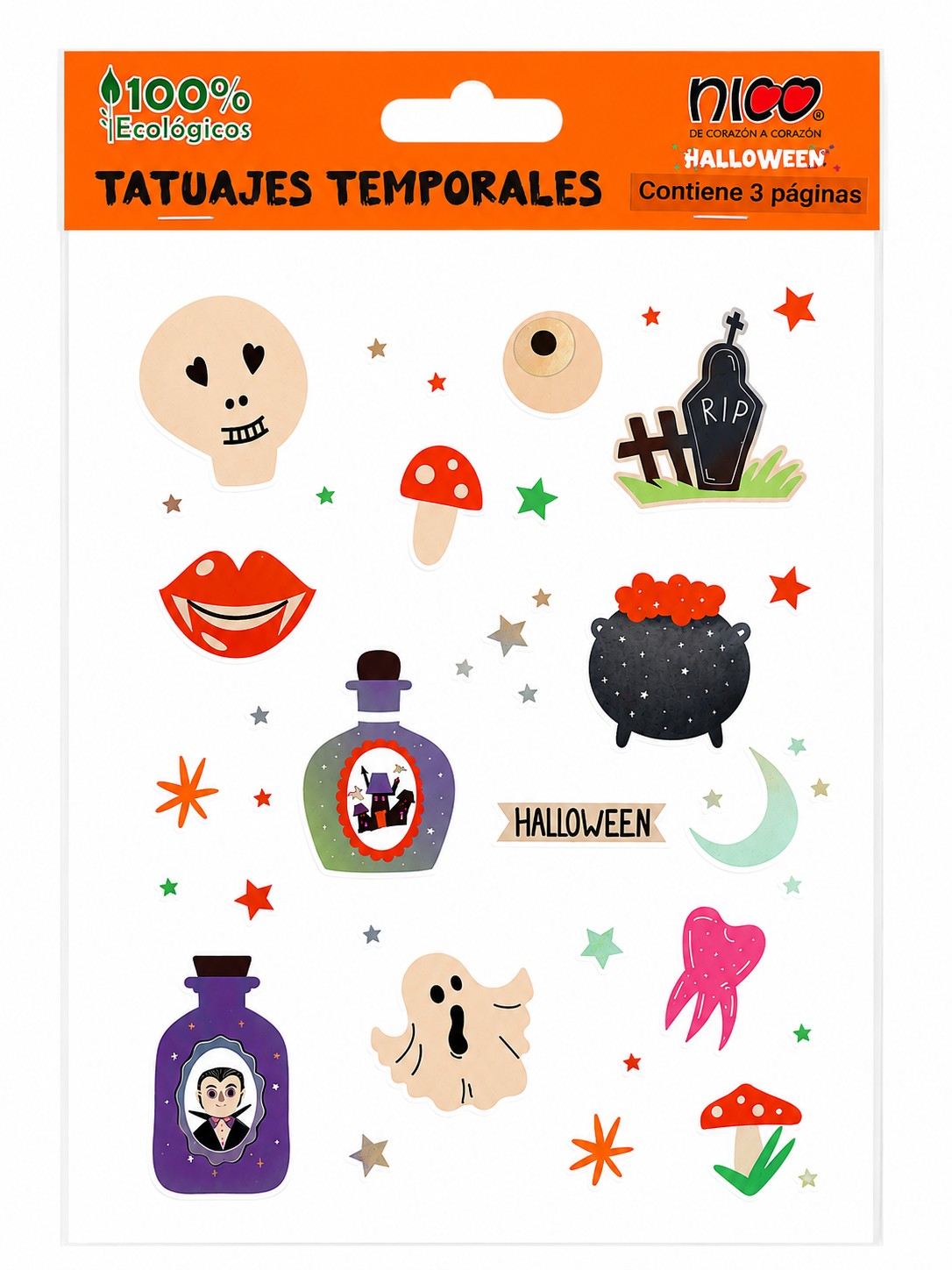 Tatuajes temporales de Halloween para niños y adultos: calaveras, calabazas, pociones, fantasmas, labios de vampiro, calderos y más. Perfectos para complementar el disfraz o como sorpresa de fiesta. Contiene 3 hojas de tatuajes. Diseños surtidos de Halloween. Marca Nico. Un detalle económico y divertido para las bolsas de sorpresas o para la decoración del disfraz. Entrega en Bogotá de 8 a 12 horas hábiles.