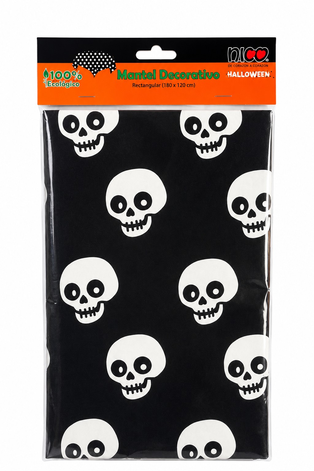 Mantel decorativo rectangular de Halloween en color negro con estampado de calaveras blancas. Viste la mesa de tu fiesta y dale un ambiente terroríficamente divertido en segundos. Medida: 180 x 120 cm, rectangular. Diseño de calaveras blancas sobre fondo negro. Ideal para la mesa de dulces, la comida o el pastel. Marca Nico. Combínalo con los platos, vasos y servilletas de Halloween para armar tu mesa completa. Entrega en Bogotá de 8 a 12 horas hábiles.