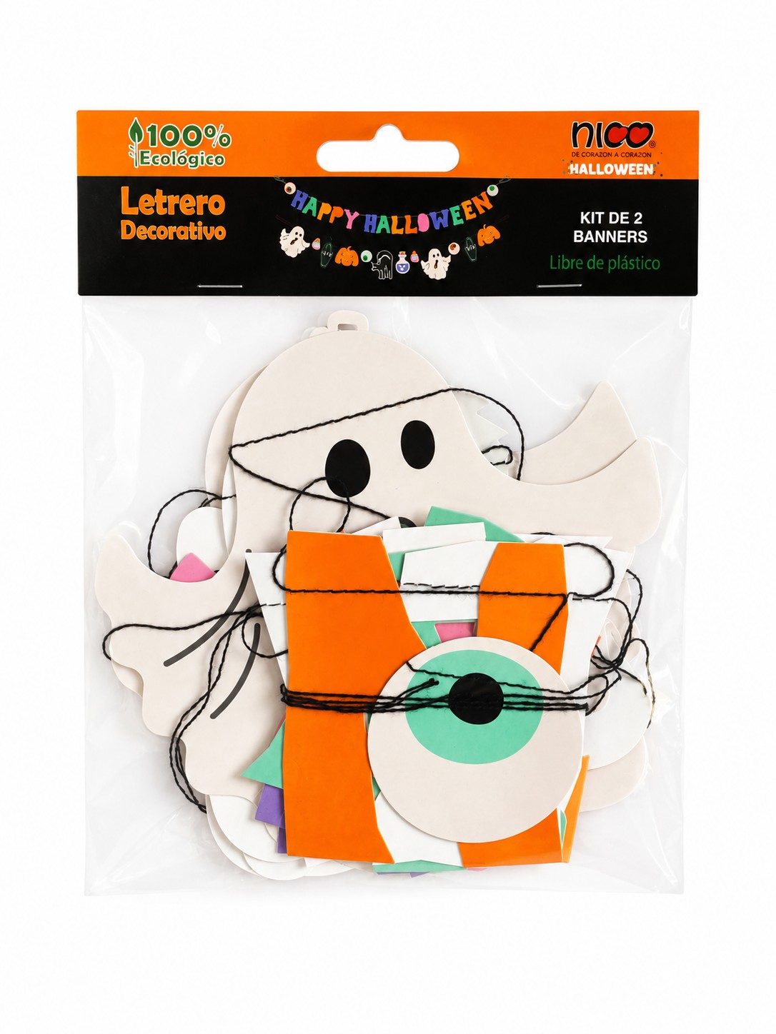 Kit de 2 banners decorativos de Halloween con figuras de fantasmas, ojos, calabazas y el mensaje "Happy Halloween". Cuélgalos en paredes, puertas o la mesa de dulces para ambientar tu fiesta en minutos. Kit de 2 banners colgantes con cordón. Diseños de fantasmas, ojos y figuras de Halloween. Fácil de colgar. Marca Nico. Combínalo con globos, confeti y la vajilla de Halloween para una decoración completa. Entrega en Bogotá de 8 a 12 horas hábiles.