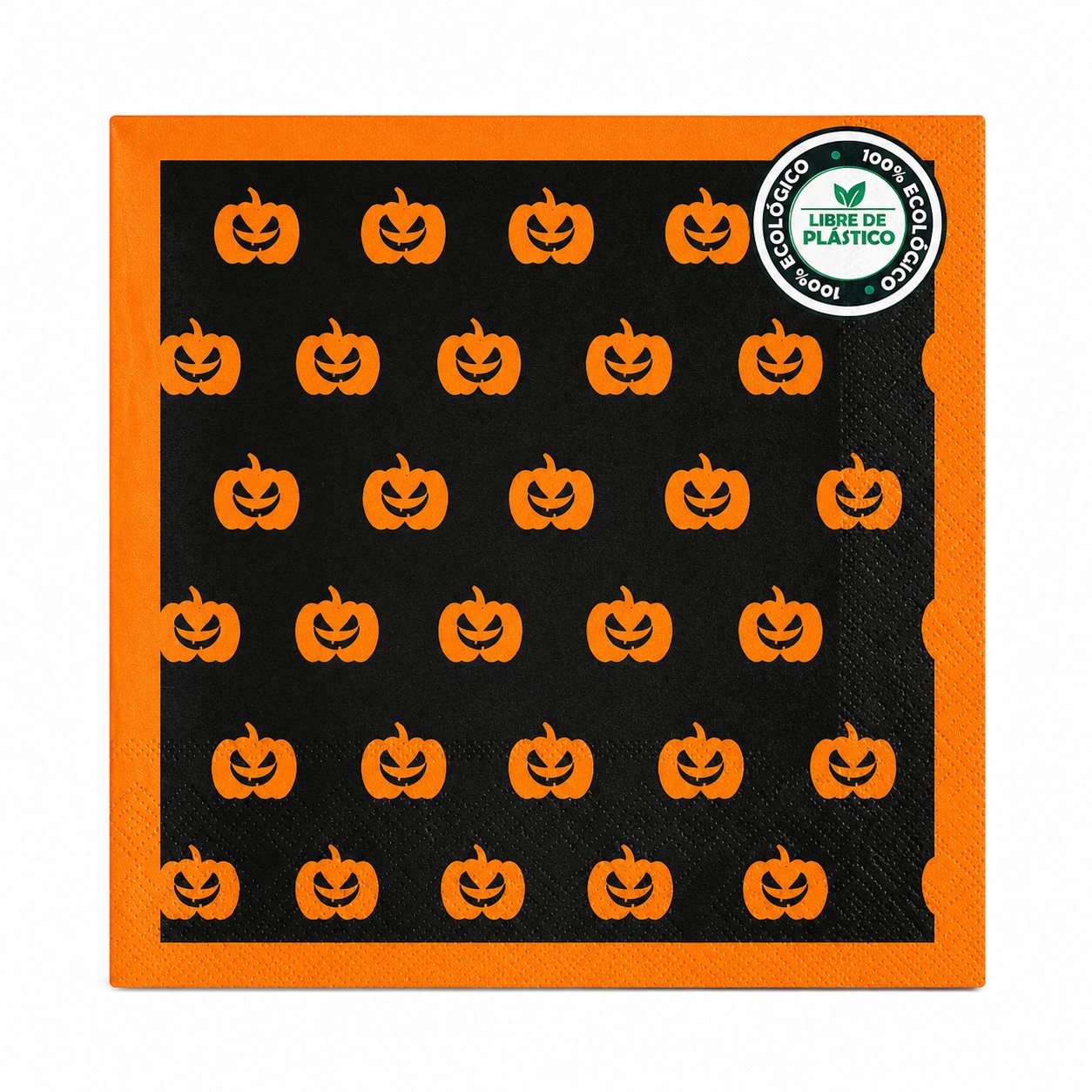 Servilletas de papel con estampado de calabazas sonrientes sobre fondo negro y borde naranja. Un detalle sencillo que transforma la mesa de tu fiesta de Halloween. Diseño de calabazas en naranja y negro. Producto con sello "Libre de plástico". Marca Nico. Combínalas con platos y vasos de Halloween para una decoración coordinada. Entrega en Bogotá de 8 a 12 horas hábiles.