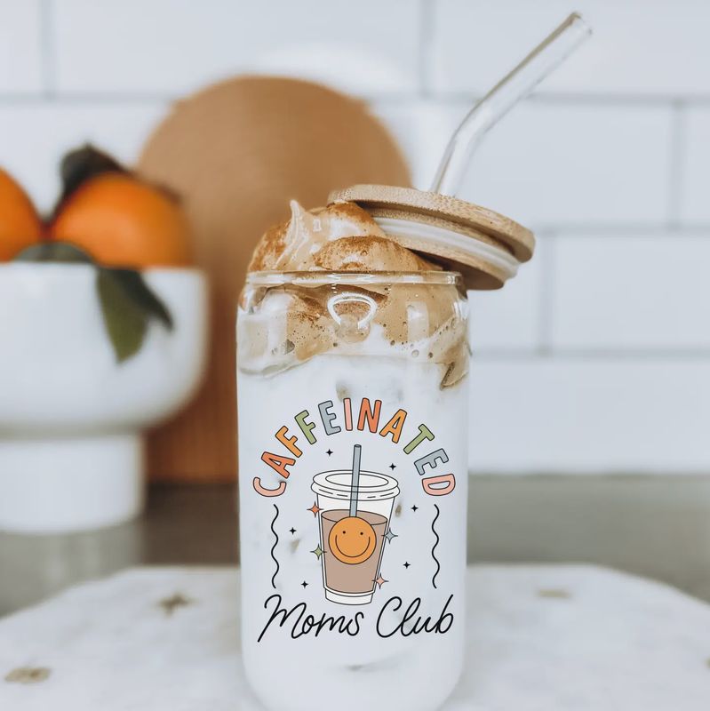 Boho + Babe - Caffeinated Mom’s Club 16 oz Glass Cup with Bamboo Lid