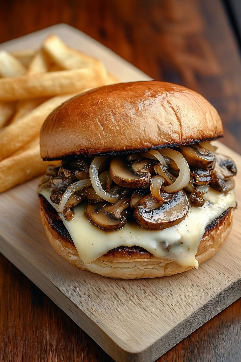 Mushroom Swiss Burger with Fries