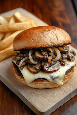 Mushroom Swiss Burger with Fries
