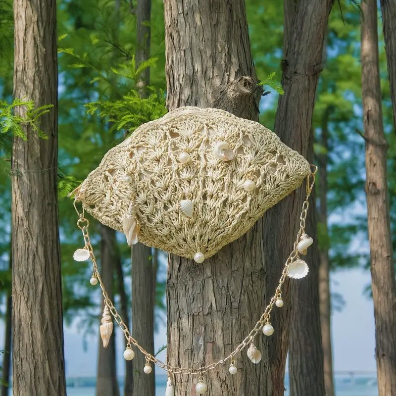 Woven Shell &amp; Metal Chain Crossbody Bag