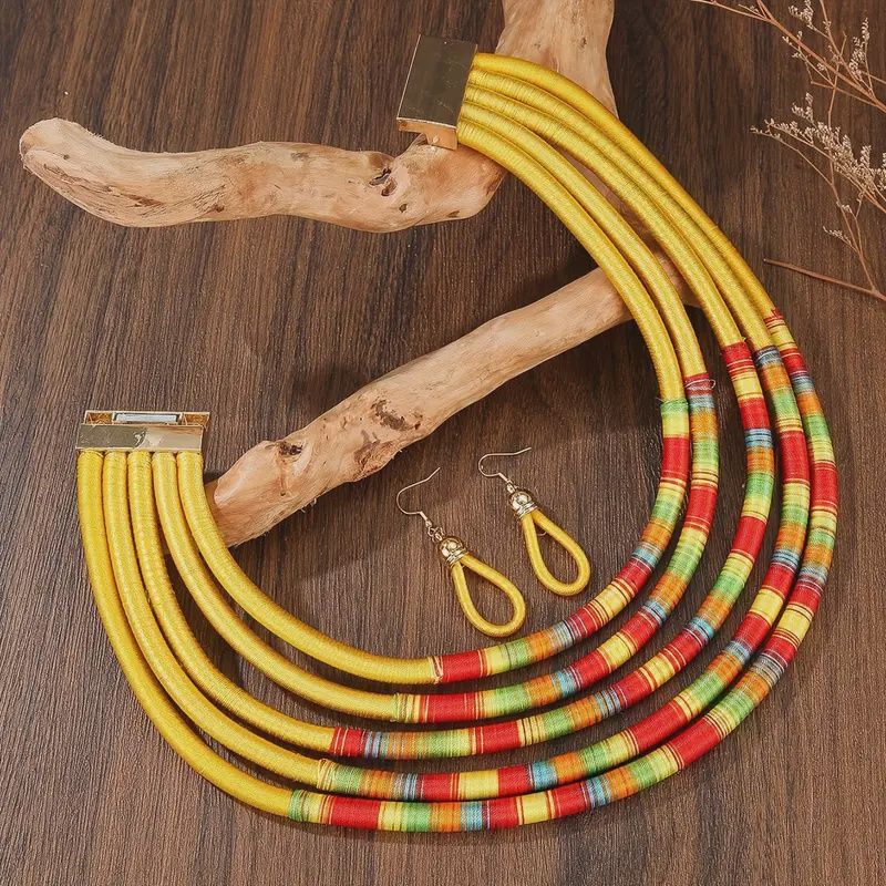Yellow Ethnic Handmade Multi-Strand Fiber Rope Bohemian Necklace w/t  Earrings