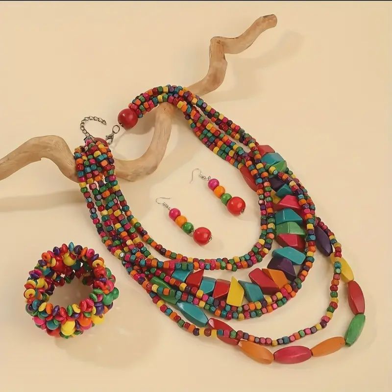 7-layer Wooden Block Necklace w/t Bracelet &amp; Earrings