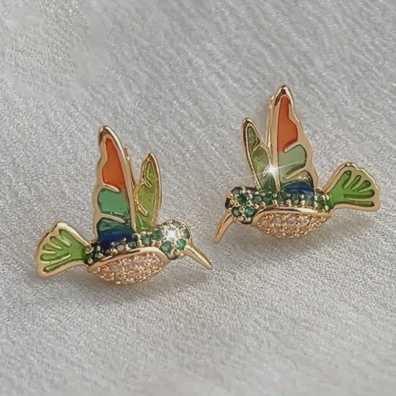 Alloy Earrings Colorful Enamel Hummingbird
