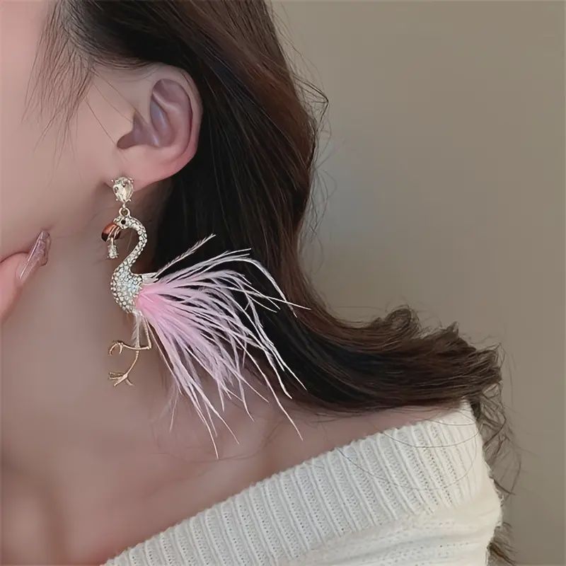Bohemian Flamingo Feather Earrings w/t Sparkling Rhinestones
