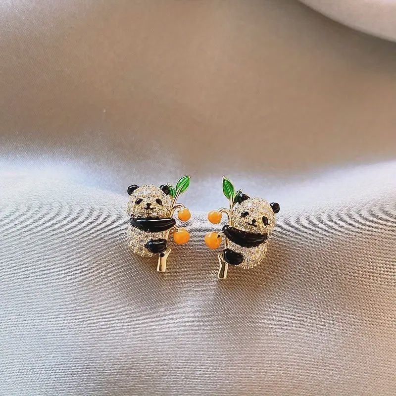 18K Gold Plated Panda Earrings w/t Sparkling  Crystal Accents