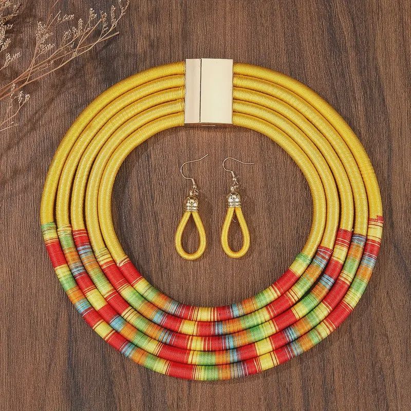 Yellow Ethnic Handmade Multi-Strand Fiber Rope Bohemian Necklace w/t  Earrings