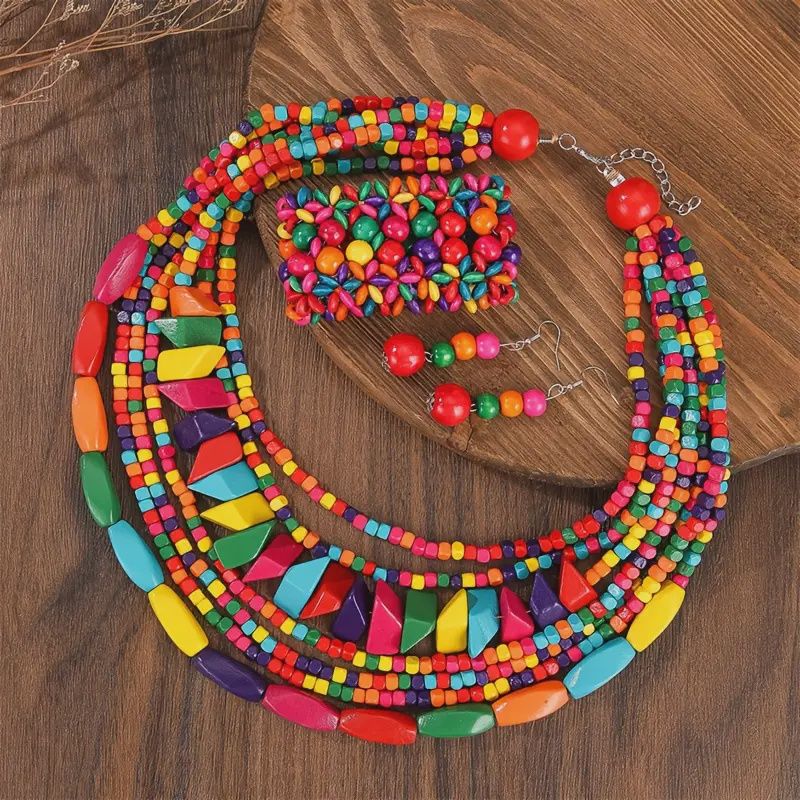 7-layer Wooden Block Necklace w/t Bracelet &amp; Earrings