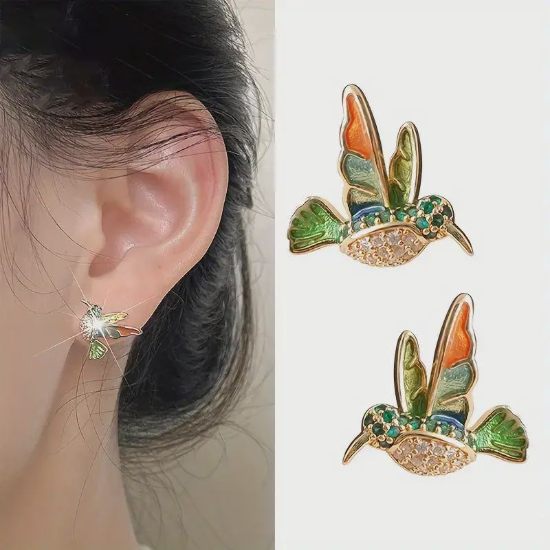 Alloy Earrings Colorful Enamel Hummingbird