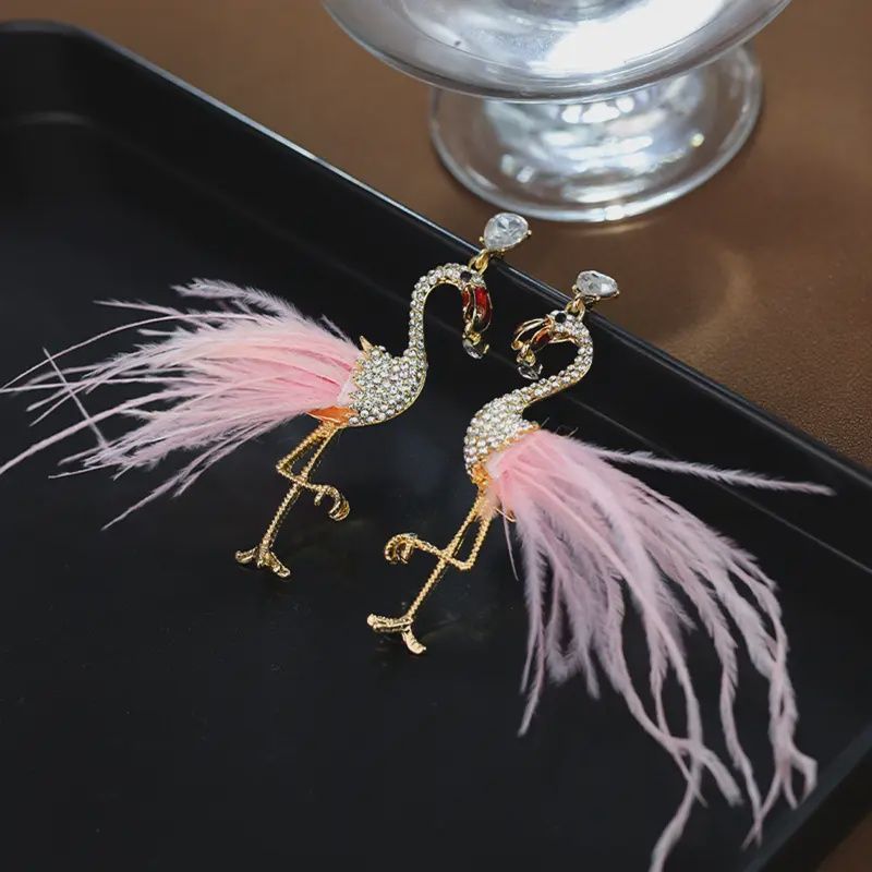 Bohemian Flamingo Feather Earrings w/t Sparkling Rhinestones