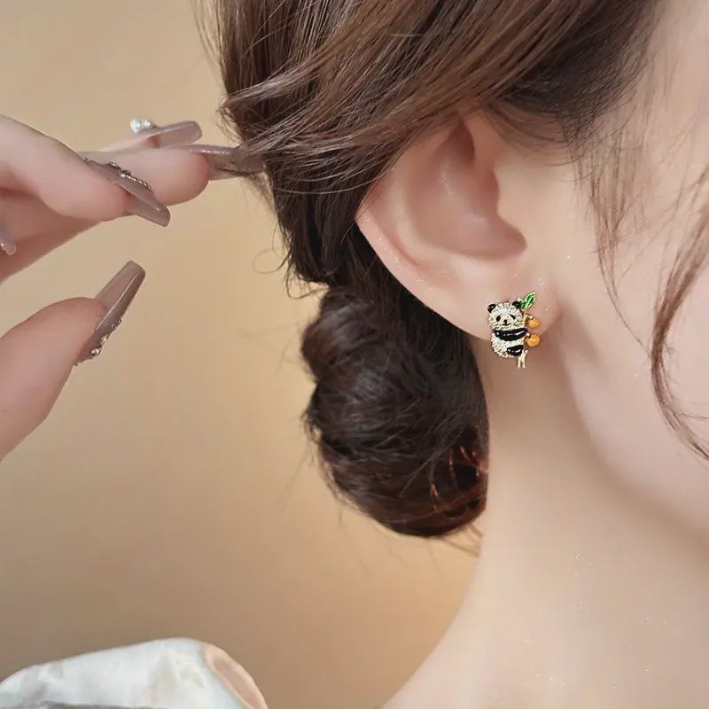 18K Gold Plated Panda Earrings w/t Sparkling  Crystal Accents