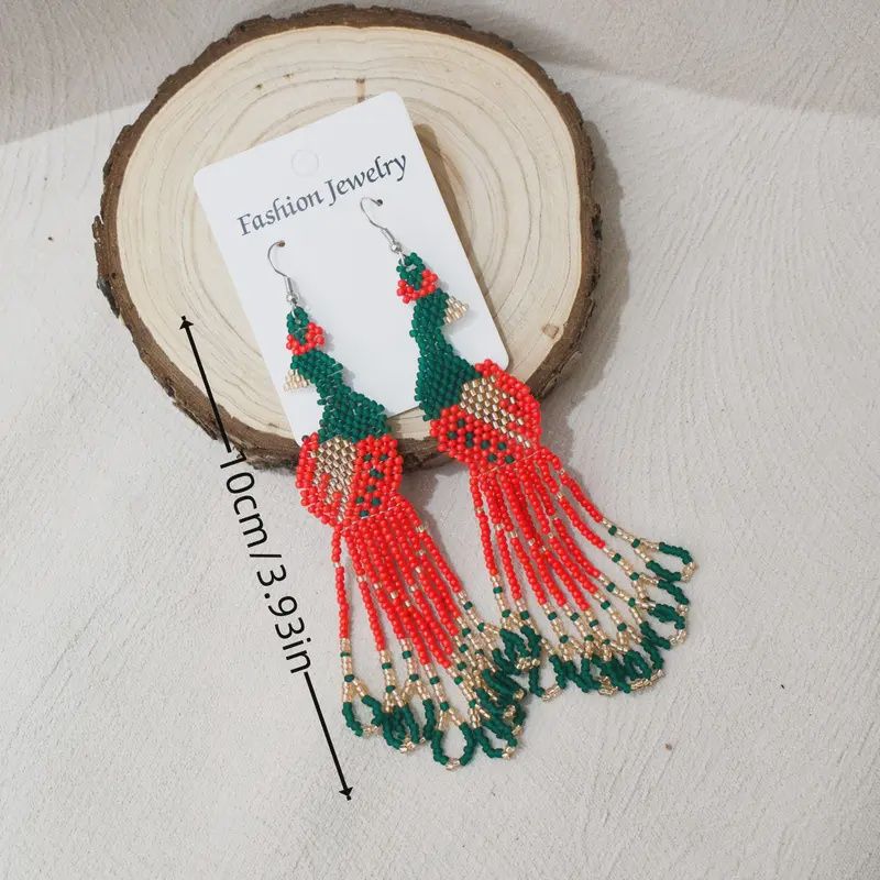 2pc Beaded Peacock Design Drop Earrings