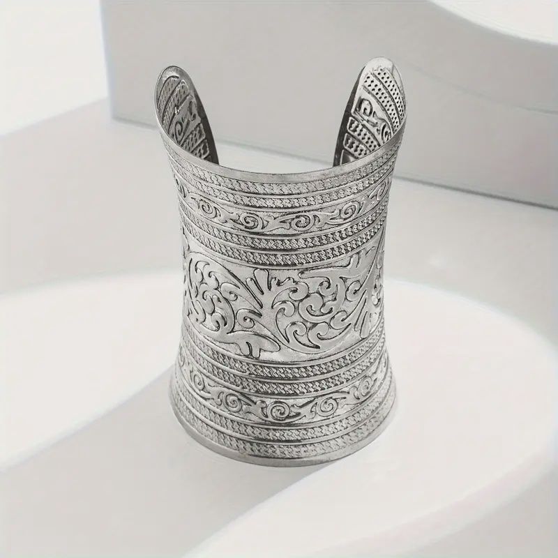 Vintage Ethnic Carved Floral Wide Cuff Bracelet