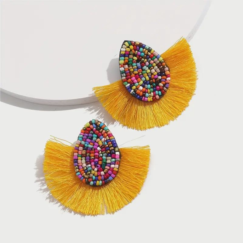 Bohemian Rice Bead Earrings Teardrop Shaped Tassel, Colour: Yellow