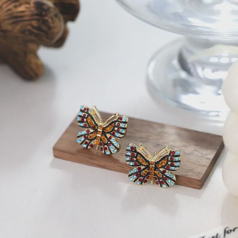 French-style Rhinestone Butterfly Stud Earrings - Zinc Alloy w/t 925 Sterling Silver Ear Needle, Pattern: 1