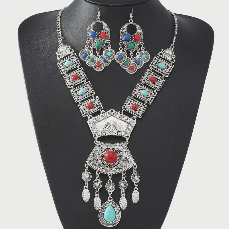 Ethnic Style Gemstone Tassel Necklace W/T Two Earrings
