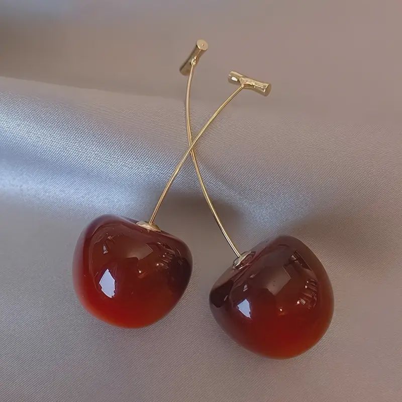 Cherry Fruit Pendant Earrings, Colour: Dark Red