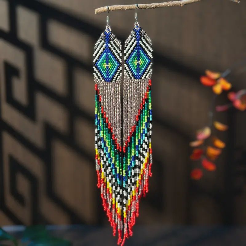 Bohemian Style Ethnic Long Fringe Dangle Beaded Tassel Earrings