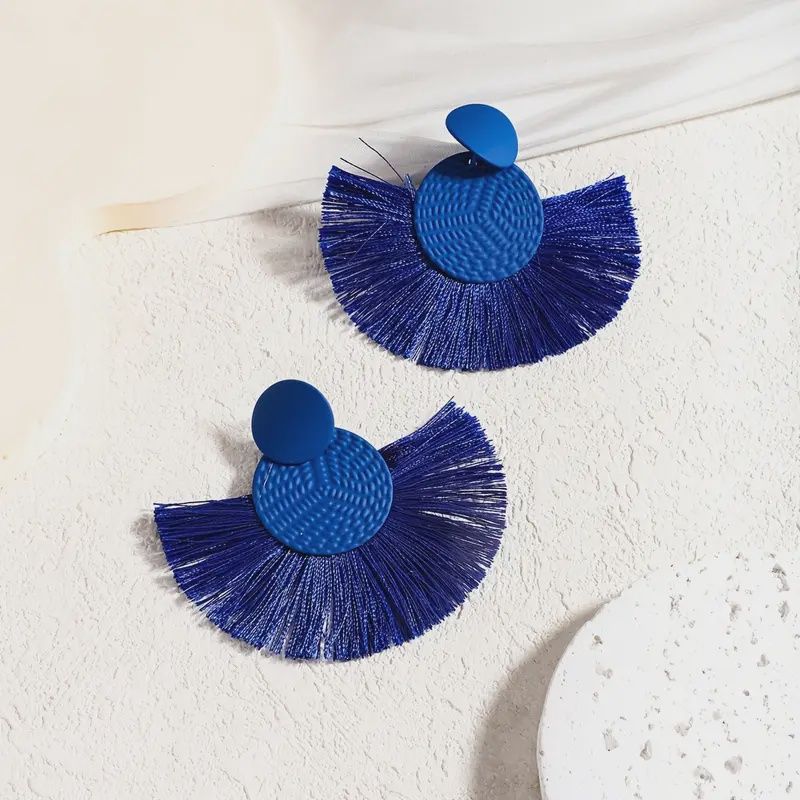 Handmade Boho Geometric Fan Dangling Tassel Earrings