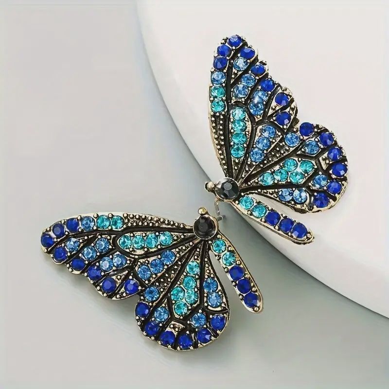 Boho Style Butterfly Wing Earrings w/t Synthetic Blue Rhinestones - Zinc Alloy
