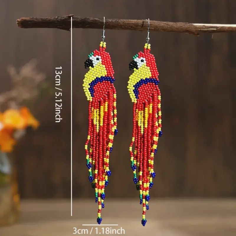Bohemian Style Handmade Parrot Rice Bead Dangling Earrings, Colour: Red