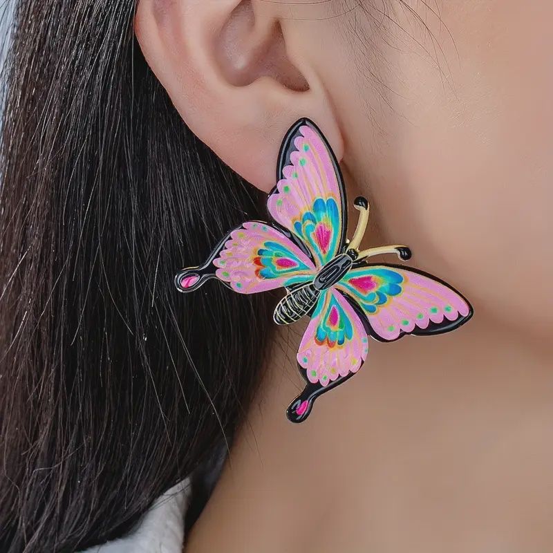 Summer Butterfly Earrings - Vibrant Pink &amp; Blue Design w/t Golden Accents