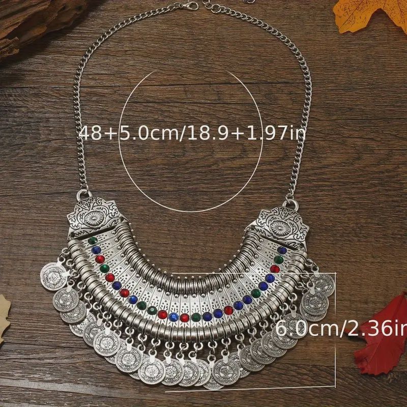 Carved Pattern Round Sheets Tassel Colorful Shiny Rhinestone Inlaid Necklace Bohemian Retro Style