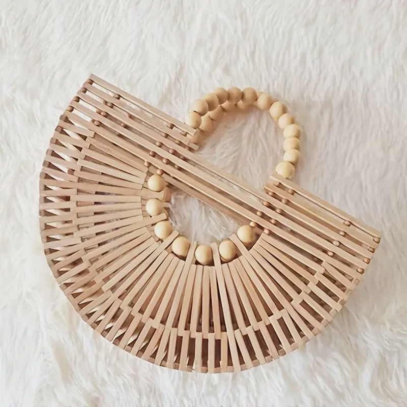 Handwoven Bohemian Style Semi Circular Straw Tote Bag